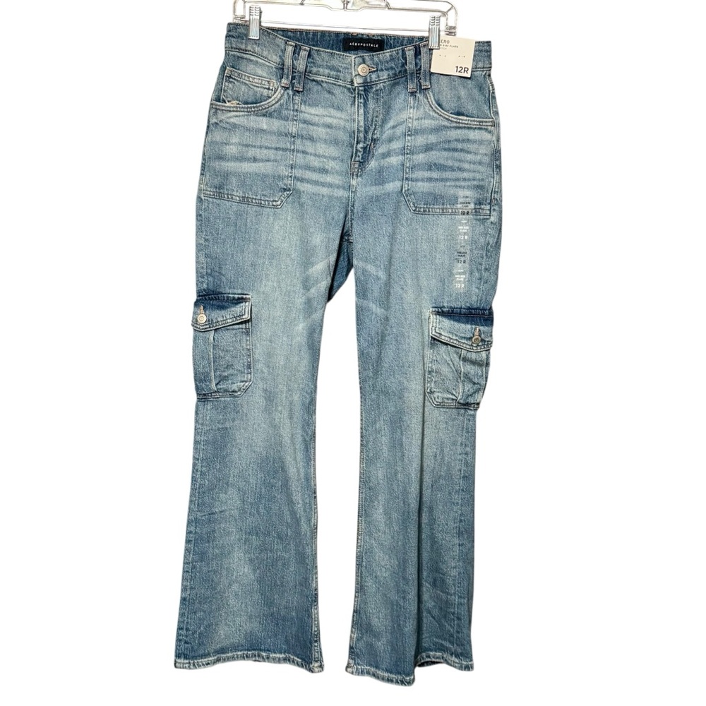 Aeropostale New Mid Rise Flare Cargo Wide Leg Patch Pocket Denim Jeans - Picture 5 of 16